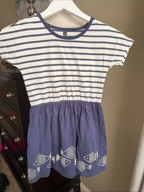 Tea Collection Navy & White Striped Short Sleeve Dress with Fish Hem
